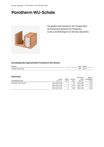 Produktblatt Wand Porotherm WU-Schale