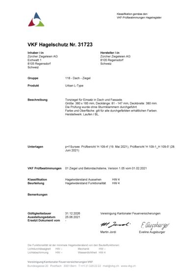 Urban L - Prüfbescheinigung  Hagelschutz 