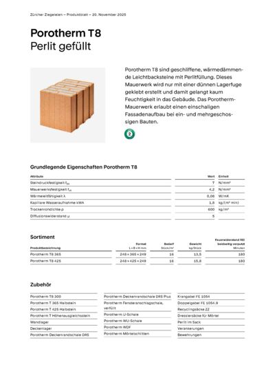 Produktblatt Wand Porotherm T8