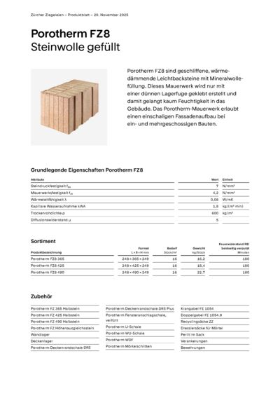 Produktblatt Wand Porotherm FZ8