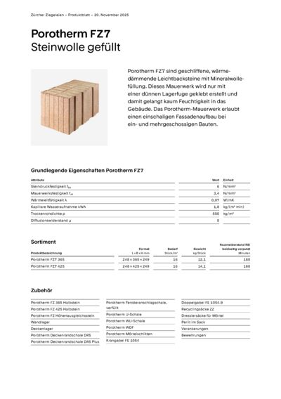 Produktblatt Wand Porotherm FZ7