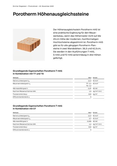 Produktblatt Wand Porotherm Höhenausgleichssteine