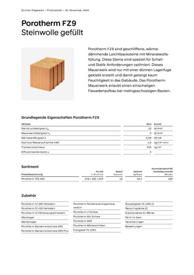 Produktblatt Wand Porotherm FZ9
